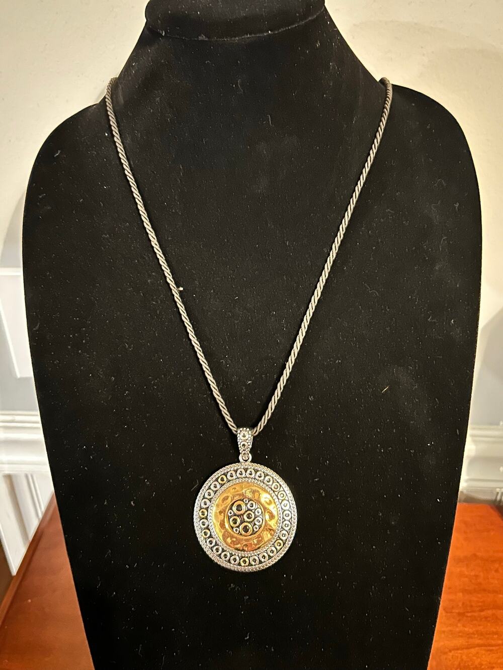 Lia Sophia Mixed Metal Medallion Necklace Silver Tone Gold Textured Disc